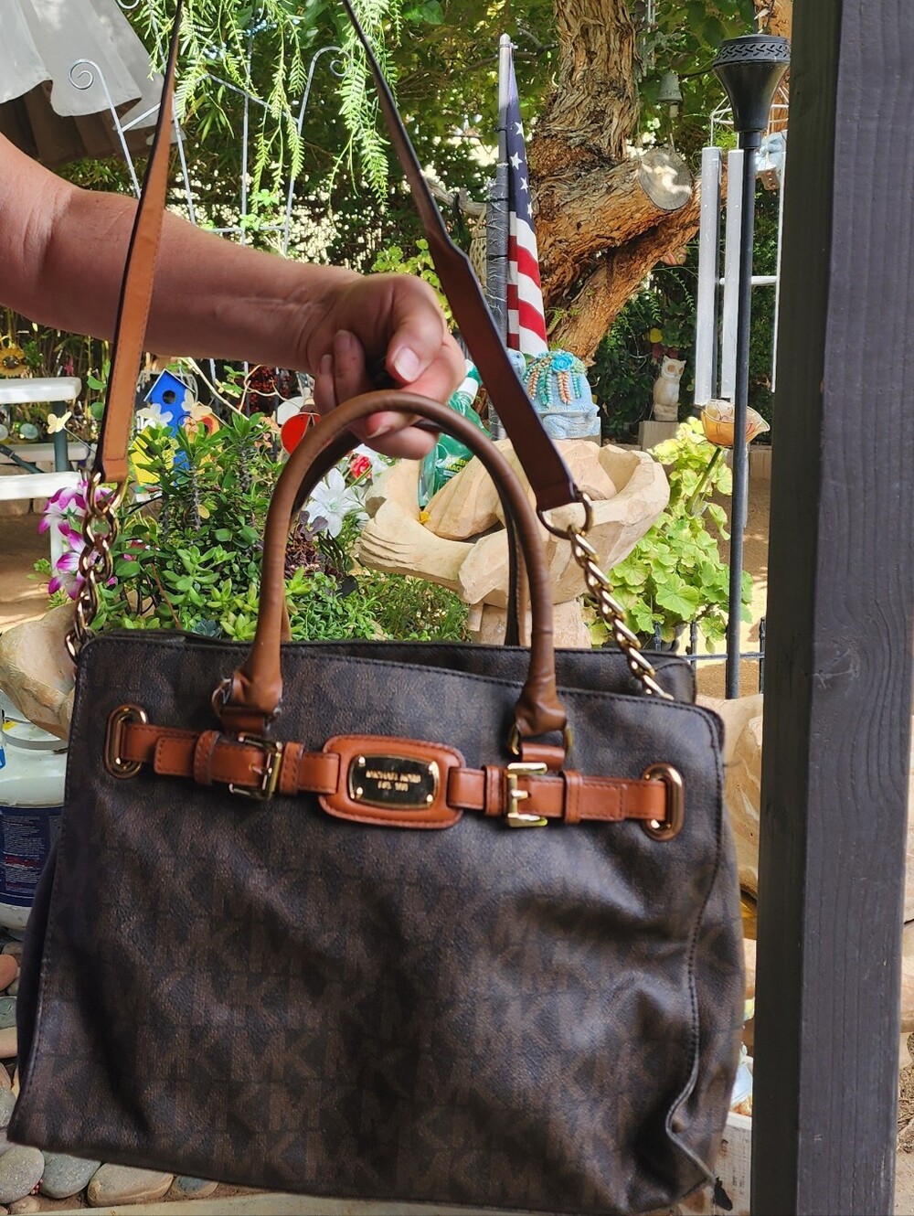 Michael Kors Dark Brown Signature Logo Satchel with Tan Trim
